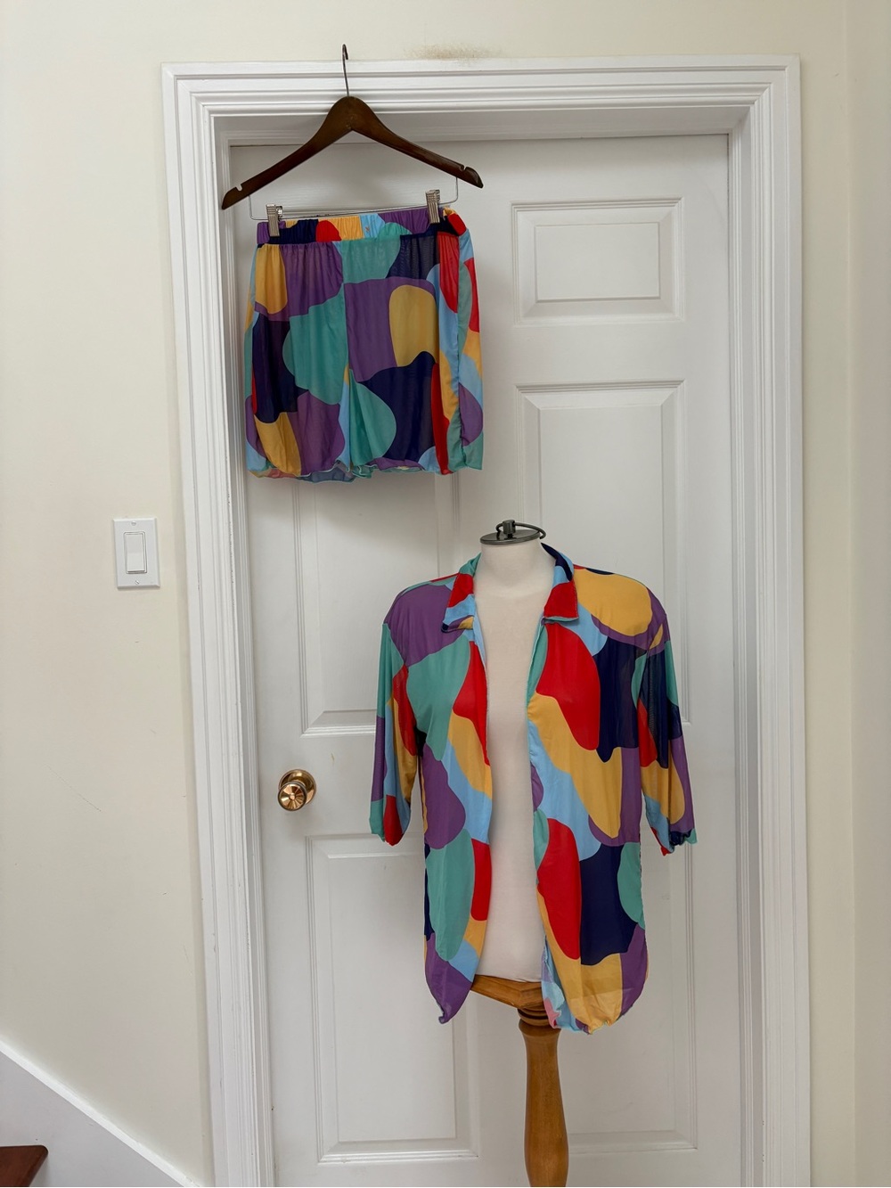 Colorful Abstract Print ladies Shirt & Shorts Set - Multicolor cover up